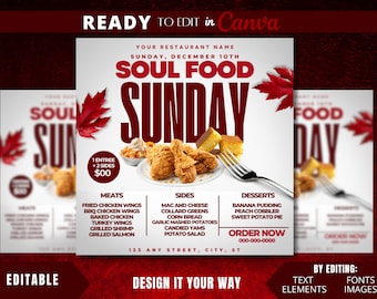 Editable Flyer Template, Soul Food Sunday, Soul Food Flyer, Food Flyer, Dinner Sale, Sunday Dinner Sale, Restaurant Branding, Food Template