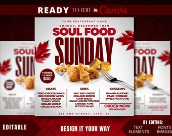 Editable Flyer Template, Soul Food Sunday, Soul Food Flyer, Food Flyer, Dinner Sale, Sunday Dinner Sale, Restaurant Branding, Food Template