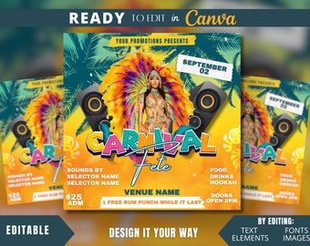 Editable Flyer Template, Caribbean Carnival, Caribbean Fete, Caribbean Festival, Miami Carnival, Trinidad, St.Lucia, Haiti, Jamaica, Brazil