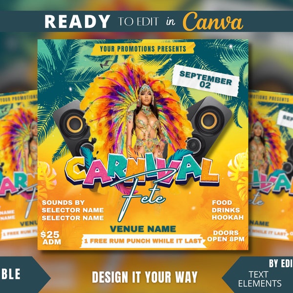 Modèle de flyer modifiable, carnaval des Caraïbes, fête des Caraïbes, festival des Caraïbes, carnaval de Miami, Trinidad, Sainte-Lucie, Haïti, Jamaïque, Brésil