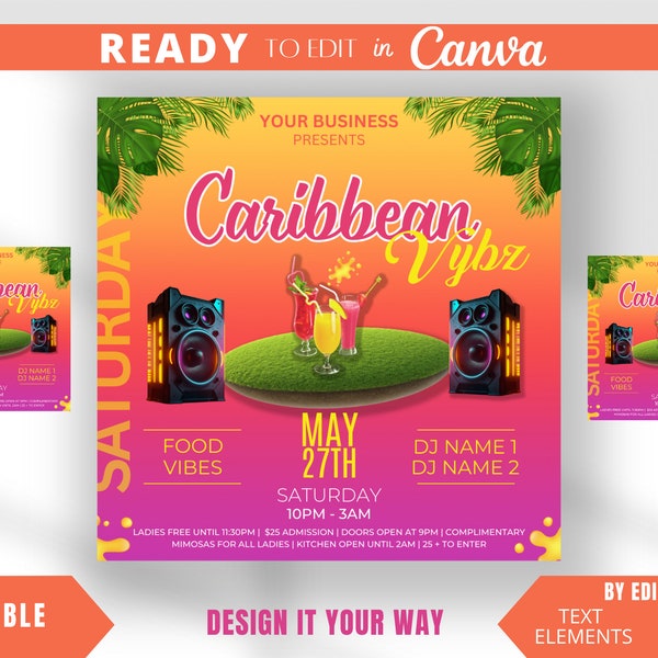 Editable Flyer Template, Bar and Grill Template, Caribbean Carnival Flyer, Caribbean Party Flyer, Summer Party, Event Flyer Template