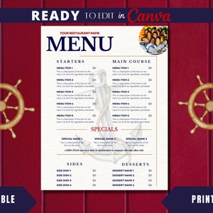 Modèle de menu de restaurant modifiable, Menu nautique, Menu, Liste de prix de restauration, Menu d'été, Menu minimaliste