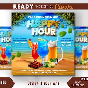 Editable Flyer Template, Happy Hour, Tropical Happy Hour, Cocktail Flyer, Beer Flyer, Bar and Grill, Tropical, Summer, Bar, Drinks