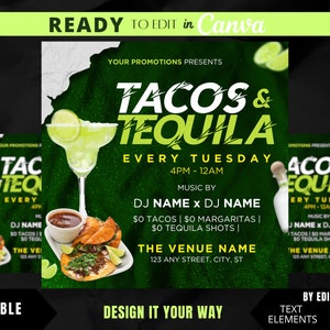 Editable Flyer Template, Taco Flyer, Taco Tuesday, Taco Food Truck, Club Flyer, Bar and Grill, Lounge Flyers, Restaurant Marketing