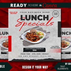 Edytowalny szablon ulotki, ulotka z lunchem specjalnym, marketing restauracji, lunche specjalne, dzisiejsze specjały, karaibskie, owoce morza, soul food, sushi
