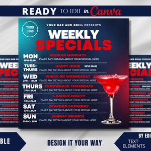 Edytowalny szablon ulotki, tygodniowe promocje, marketing restauracji, bar i grill, ulotka z jedzeniem, wydarzenia klubowe, promocje kulinarne, happy hour