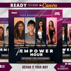 May include: A flyer for an event called "The Empower Hour" with a black background and gold text. The flyer features three women of color and the text "Networking | Food | Empowerment". The event is scheduled for January 27th at 11 AM.