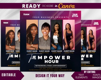 May include: A flyer for an event called "The Empower Hour" with a black background and gold text. The flyer features three women of color and the text "Networking | Food | Empowerment". The event is scheduled for January 27th at 11 AM.
