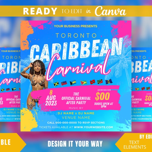 Editable Flyer Template, Caribbean Carnival Flyer, Bashment, Dancehall, Jamaica, Bahamas, Trinidad, Guyana, Florida Carnival, Canada