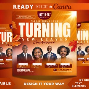 Editable Flyer Template, Turning New Leaves, Church Conference Flyer, Fall Conference, Guest Speaker, Revival, Church Event, Conference