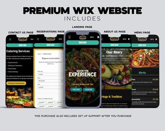 May include: A promotional image showcasing a premium Wix website design. The image displays five smartphone screens with different website pages, including a landing page, contact page, and menu page. The text "SAVOR THE EXPERIENCE" is visible.