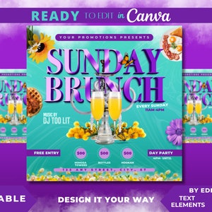 Editable Flyer Template, Spring Sunday Brunch, Club Flyer, Lounge, Bar and Grill, Brunch Event, Chef, Chicken and Waffles, Hookah, Easter