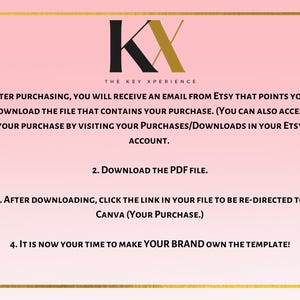 May include: Pink background with black text outlining the steps to download and customize a Canva template. The text reads: "1. After purchasing, you will receive an email from Etsy that points you to download the file that contains your purchase. (You can also access your purchase by visiting your Purchases/Downloads in your Etsy account. 2. Download the PDF file. 3. After downloading, click the link in your file to be re-directed to Canva (your purchase). 4. It is now your time to make your brand own the template!"