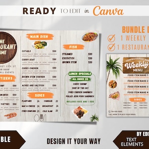 Plantillas de menú de oferta combinada, menú semanal, menú de restaurante, plantilla de volante de comida, menú de madera, menú tropical, menú caribeño, menús de catering