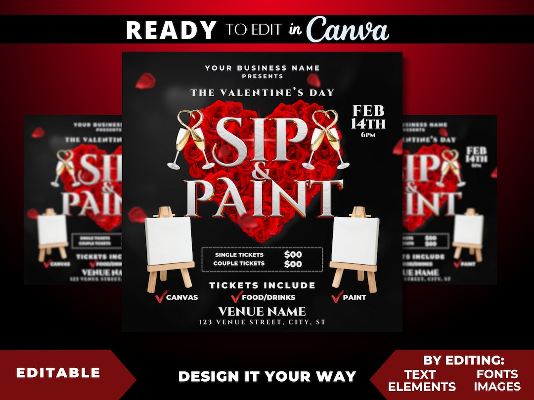 Editable Flyer Template, Valentine's Day Sip and Paint, Luxury Sip and