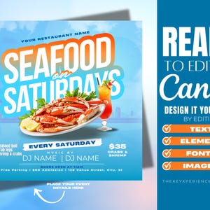 Editable Flyer Template, Seafood Saturdays, Seafood Feast, Seafood Platter Sale, Seafood Boil, Restaurant Marketing, Dinner, Bar and Grill