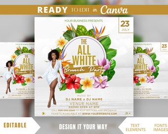 May include: A promotional flyer for "The All White Brunch Party" featuring a woman in a white outfit. The design includes floral elements, the date "23 July," and event details. The flyer is labeled "Ready to Edit in Canva."