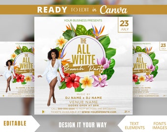 Editable Flyer Template, All White Summer Party, All White Affair, All White Birthday Celebration, Tropical Party, Boat Party, Club Flyer