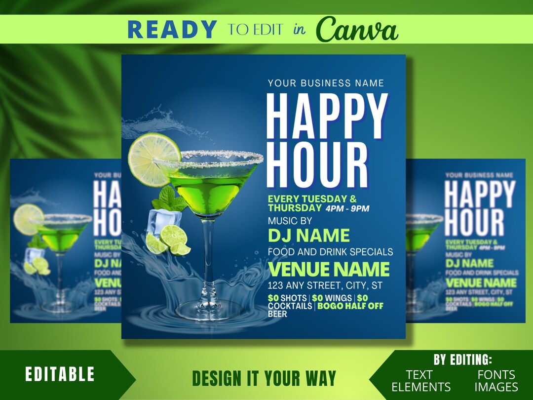 Editable Flyer Template, Blue Paradise Happy Hour Flyer, Bar and Grill, Restaurant Tropical
