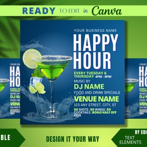 Editable Flyer Template, Blue Paradise Happy Hour Flyer, Bar and Grill, Restaurant Tropical Happy Hour, Summer Events, Club Flyer, Cocktails