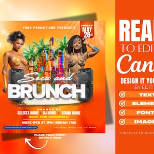 May include: A flyer for a Soca and Brunch event on Friday, May 28th. The flyer features a cityscape background with two women in colorful outfits. The text "Soca and Brunch" is in large, bold letters. The flyer also includes the text "Sounds by Selecta Name DJ Name Sound Name" and "Doors open at 2PM | Hookah | Food".