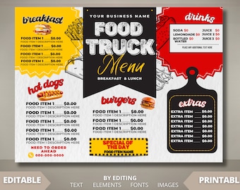 Puede incluir: Una plantilla de menú de camión de comida amarillo, rojo y negro con las palabras "Food Truck Menu" en blanco. El menú enumera el desayuno, los hot dogs, las hamburguesas, las bebidas y los extras con precios. El menú también incluye el texto "Need to order ahead" y un número de teléfono.