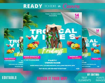 Editable Flyer Template, Tropical Vibes Party Flyer, Tropical Day Party, Summer Party Flyer, Club, Night Club Flyer, Bar and Grill, Lounge