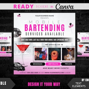 Editable Flyer Template, Mobile Bartending, Bartending Flyer, Bar Services, Book Now, Summer Event, Party Bus Flyer, Birthdays,