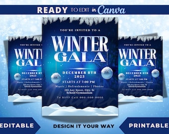 Puede incluir: Una invitación a un gala de invierno azul y blanco con copos de nieve y un fondo nevado. El texto dice "Estás invitado a un gala de invierno, 8 de diciembre de 2023, Comienza a las 7:00 PM, Música, Refrescos, Fotos, 123 Any Street, City, St, Gimnasio de la escuela, Para RSVP Llama al 000-000-0000".
