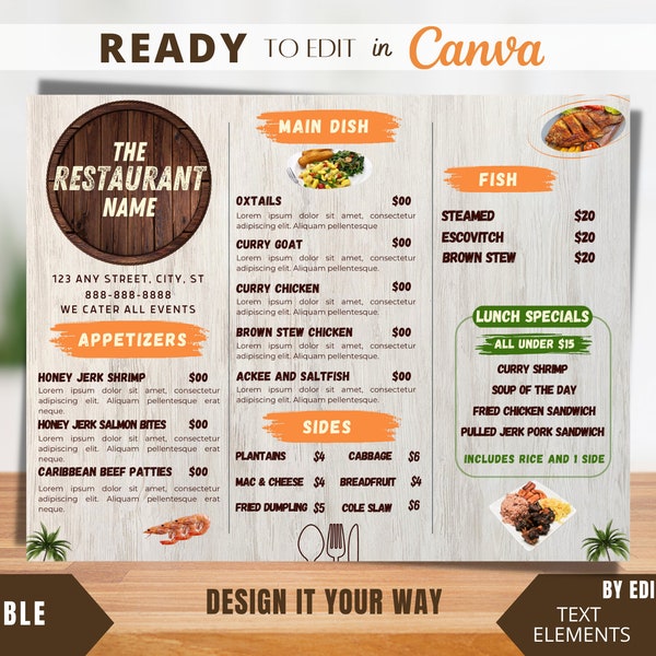 Editable Menu Template, Caribbean Inspired Menu, Printable Menu, Food Sale Menu, Restaurant Menu, Catering Menu, Restaurant Menu Template