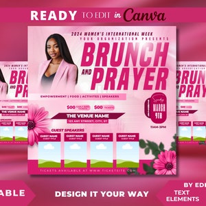 May include: Pink flyer with a woman in a pink blazer, announcing a "Brunch and Prayer" event on Sunday, March 9th, from 11 AM to 3 PM. The flyer includes the event name, date, time, location, and ticket information.