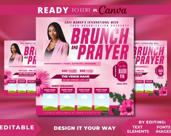 May include: Pink flyer with a woman in a pink blazer, announcing a "Brunch and Prayer" event on Sunday, March 9th, from 11 AM to 3 PM. The flyer includes the event name, date, time, location, and ticket information.