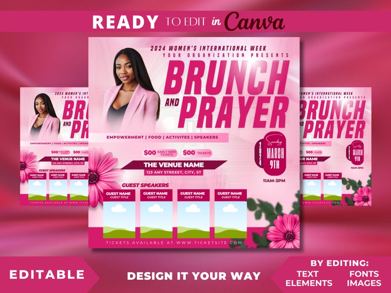 May include: Pink flyer with a woman in a pink blazer, announcing a "Brunch and Prayer" event on Sunday, March 9th, from 11 AM to 3 PM. The flyer includes the event name, date, time, location, and ticket information.