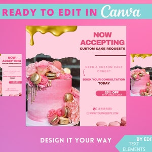 May include: Pink and gold social media graphic with a pink cake decorated with macarons and flowers. The text reads "Now Accepting Custom Cake Requests".