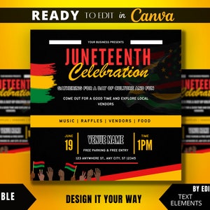 Modelo de folheto editável, modelo de folheto Juneteenth, celebração Juneteenth, evento comunitário, evento de verão, festa de quarteirão Juneteenth,