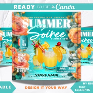 Editable Flyer Template, Summer Soiree, Summer Day Party, Summer Event Flyer, Spring Event Flyer Template, Summer Club, Cocktails