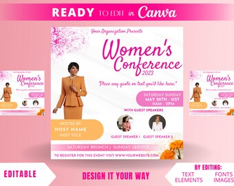 May include: A pink and white flyer with the text "Women's Conference 2023" in a pink and white font. The flyer includes the date and time of the event, the names of the guest speakers, and a website to register for the event. The flyer also includes a photo of a woman in a brown suit.