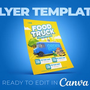 Modèle de flyer modifiable, flyer de food truck, horaires de food truck, menu de food truck, emplacement de food truck, food pop up shop, marketing, 8,5 x 11 po