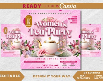 Editable Flyer Template, Luxury Tea Party, Women's Day, Women's Empowerment Brunch, Brunch Flyer, Spring, Networking Event, Church Event