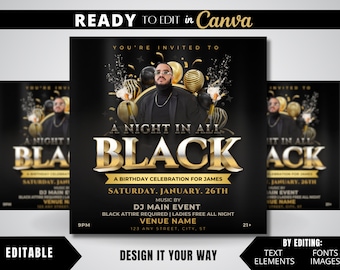 Editable Flyer Template, Luxury Party Flyer, All Black Affair, Luxury Birthday Flyer, All Black Party, Club Flyer, Event Planner Flyer