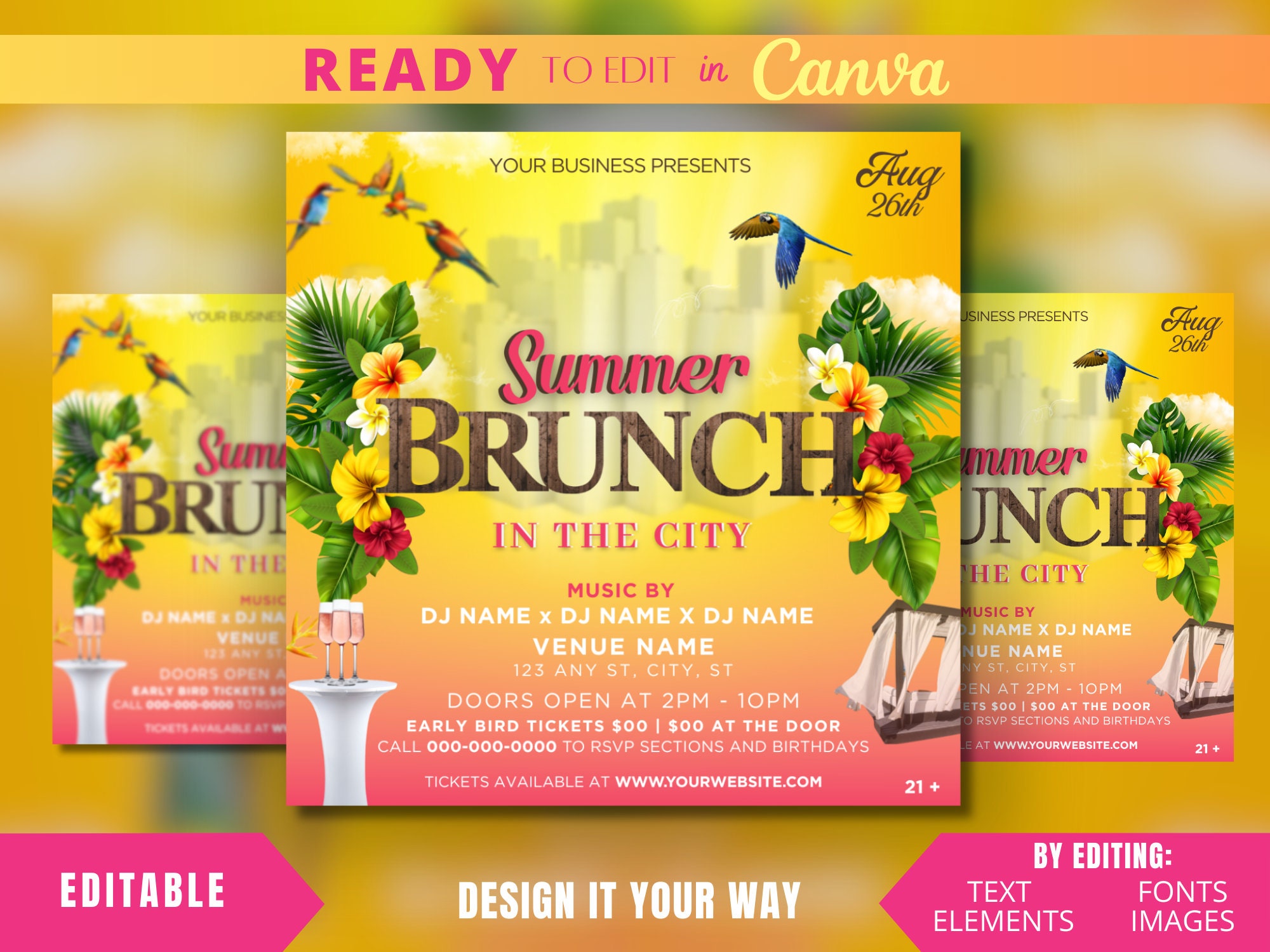 Editable Flyer Template, Summer Brunch In The City, Tropical Brunch, Luxury Event, Event Planner, Day Party, Club, Lounge, Sunset, Soiree