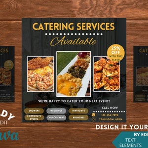 Modelo de folheto editável, folheto de serviços de bufê, folheto de restaurante, lista de preços de bufê, folheto de bufê, publicidade, pacotes de bufê, chef