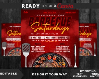 Editable Flyer Template, BBQ Cookout Party, Dinner Sale, Food Flyer, Restaurant Sale, Barbecue Dinner, BBQ Menu, Weekly Menu, Food Menu