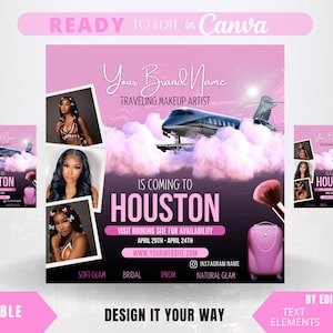Animated Traveling Makeup Artist Social Media Post, Traveling Business Flyer, Lash Tech, Hair Business, Branding, Traveling Hairstylist