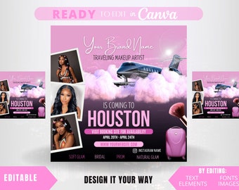 Animated Traveling Makeup Artist Social Media Post, Traveling Business Flyer, Lash Tech, Hair Business, Branding, Traveling Hairstylist