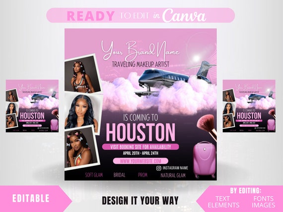 Animated Traveling Makeup Artist Social Media Post, Traveling Business Flyer, Lash Tech, Hair Business, Branding, Traveling Hairstylist
