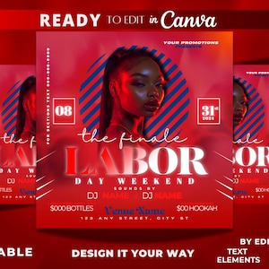 May include: Red and white flyer with a black and blue striped circle featuring a woman's face. The text reads "The Finale Labor Day Weekend" with the date "31st 2024".
