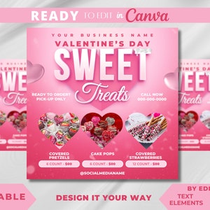 Bearbeitbare Flyer-Vorlage, Valentinstag-Menü für süße Leckereien, Dessert-Menü, Preisliste für süße Leckereien, Valentinstag-Verkauf