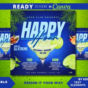 Editable Flyer Template, Happy Hour, Bar Flyer, Cocktail Flyer, Lounge, Bar and Grill, Restaurant Promo, Club Flyer, Monday Flyer