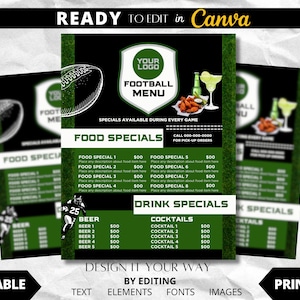 Plantilla de volante editable, noche de juegos, menú de comida de fútbol, menú especial de fútbol, menú de restaurante, bar deportivo, fútbol universitario, comida de fútbol